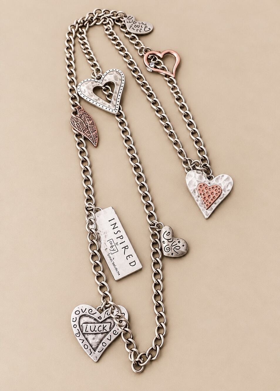 Inspired multi tone heart charm necklace
